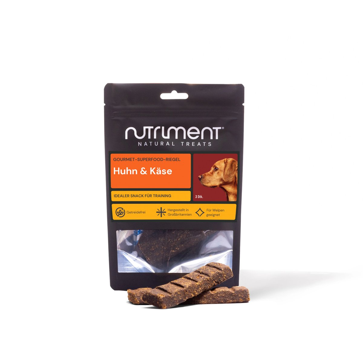 Gourmet-Superfood-Riegel für Hunde mit Huhn und Käse, proteinreich und getreidefrei, ideal als Energielieferant.