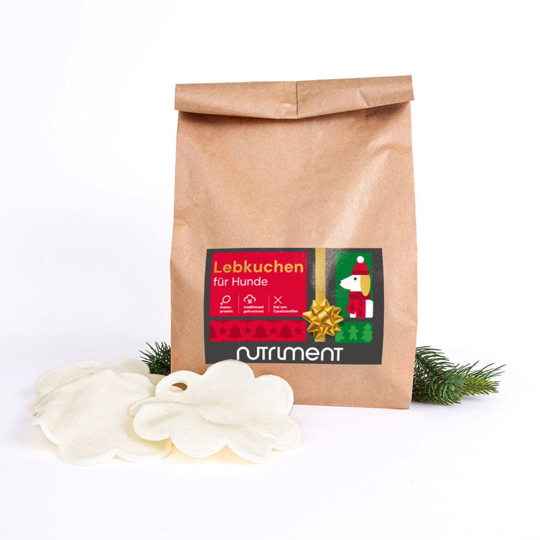 Lebkuchen für Hunde aus Rinderhaut als festlicher Kauspaß in Geschenkverpackung